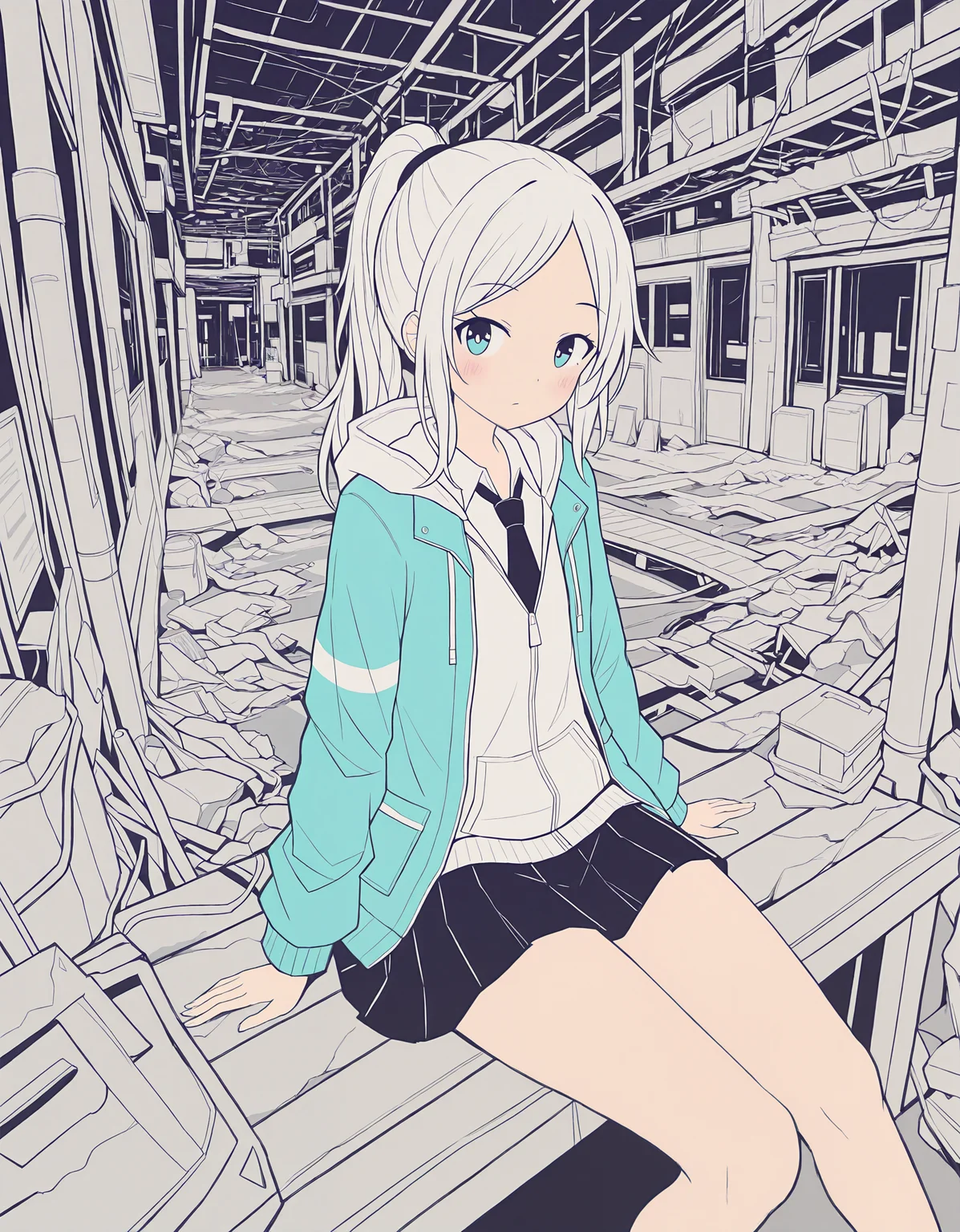 masterpiece, best quality, newest, highres, absurdres, <lora:hebitsukai_style:1>,hebitsukai_illu, 1girl, solo, skirt, long hair, ponytail, flat color, sitting, monochrome, necktie, pleated skirt, jacket, hood, looking at viewer