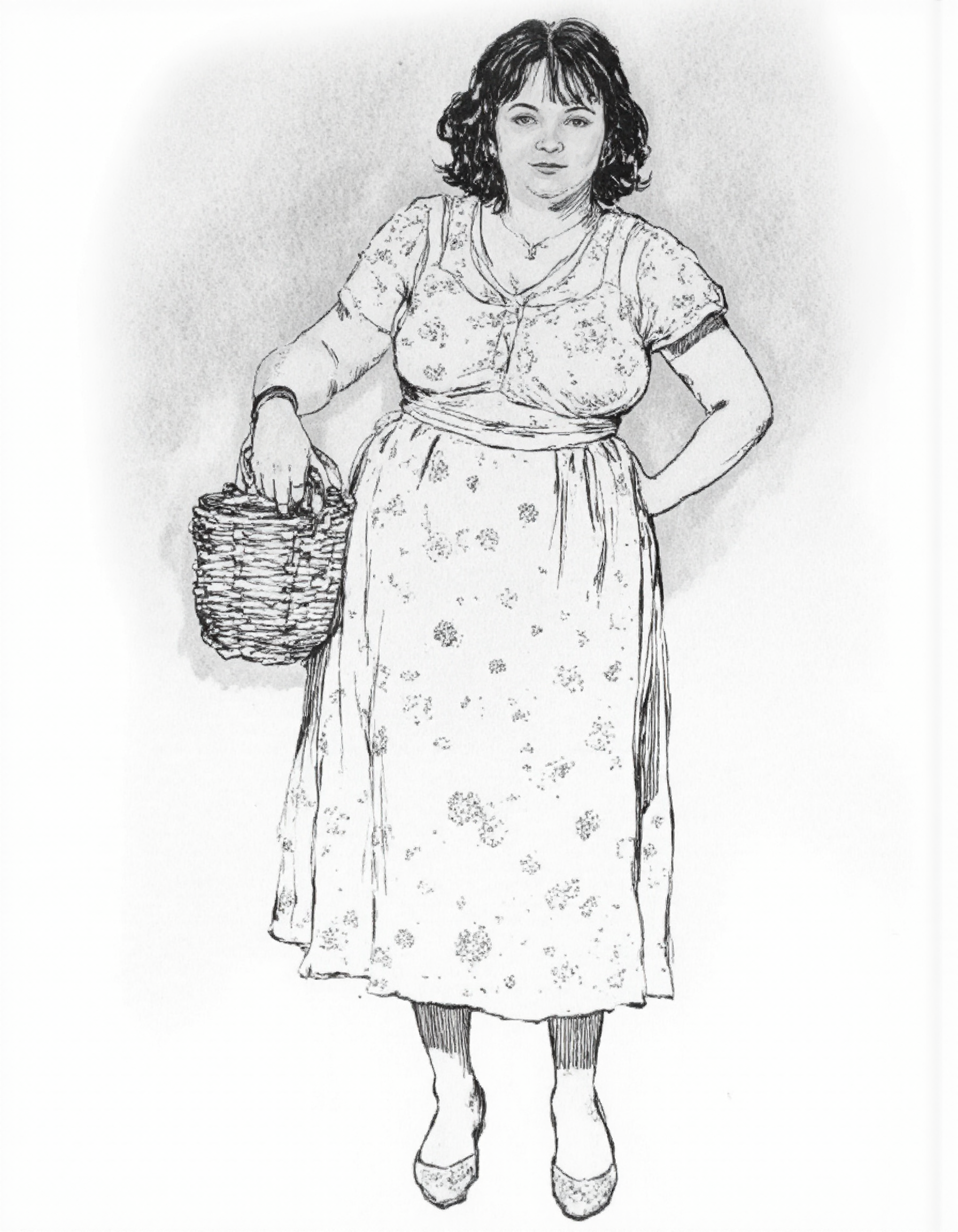 <lora:mig4v:1>, This image is a black-and-white line drawing, likely created with a pen or pencil, of, <lora:Dark_Ghibli:0.8>, masterpiece iconic portrait of pretty mature woman with black hair dressed white summer cotton dress, <lora:test:1>