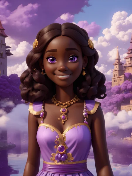 3D Style, (masterpiece), girl, dark skin, purple eyes, smile, posing for a picture, cloud <lora:3d_render_style_xl:0.8>