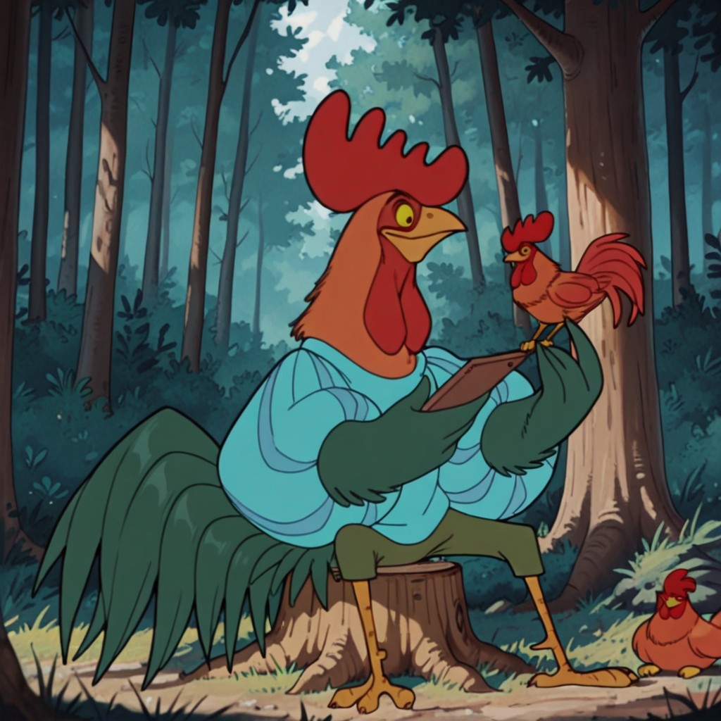 ((masterpiece, best quality, amazing quality,)) Alan-A-DaleRHil, semi-anthro, male, rooster, red comb, bird, green feathers, orange neck feathers, yellow sclera, black eyes, winged arms, blue striped shirt, puffy sleeves, green pants, green tail, sitting, on tree stump, in a forest, juggling chickens