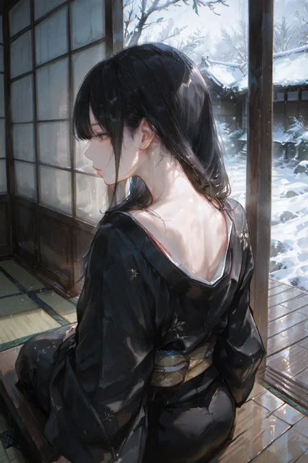 artist:, masterpiece, newest, very aesthetic, very awa, absurdres, highres, 1girl, long straight black hair, looking outside, black kimono, sitting on porch, looking ahead, snowy garden, view from behind, from inside, tatami, neck, neck focus, hair over shoulder, close shot