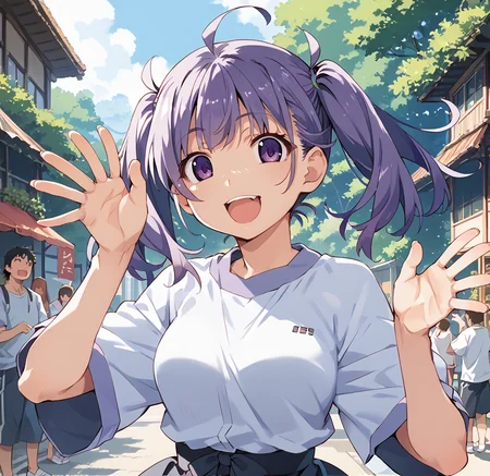 <lora:watanabe_akio:1>
score_9, score_8_up, score_7_up, score_6_up, 
watanabe akio,poyoyon rock, watanabeakio, 
open mouth,bright purple eyes,medium breasts,(:3),happy,waving arms