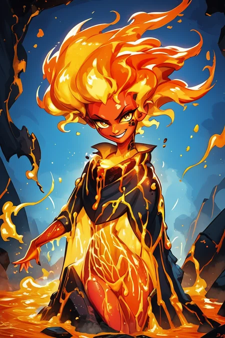 score_9, score_8_up, score_8, BREAK, , zzLavaGirl, black scales, colored skin, monster girl, orange skin, fire, fiery hair, red skin, molten rock, red hair, <lora:Lava_Girl_PDXL:1.0>, , BREAK, embedding:zPDXL, Expressiveh, ,,, <lora:EnergyCAT:1.0>, solo, smile, looking at viewer, aura, blue sky, ,,, <lora:SDXLFaeTastic2400:0.5>, <lora:Expressive_H-000001:0.4>,