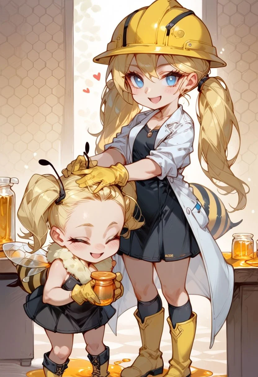 ng_deepnegative_v1_64t, score_9, score_8_up, score_7_up, Expressiveh, very detailed, high quality, cute bee woman, duo, 2 girls, BREAK 1 girl, perfect eyes, pale blue eyes, cute bee, tiny bug wings, 2 wings, large fluff of fur around shoulders, hand on girls head, standing, lab coat, yellow gloves, honeycomb background, at laboratory desk, jar of honey, writing on clipboard, black skirt, black knee highs, studying
Break, 1 girl, yellow fluffy jacket, black dress, hard hat, holding jar of honey, bee wings, yellow boots, twin tails, smug