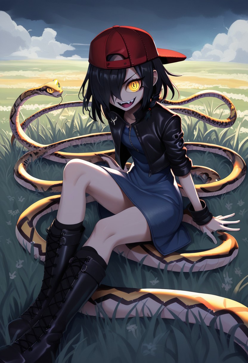 score_9, score_8_up, score_7_up, score_6_up, austr, anime, (D-ART, D-ART Style, 18dart3, 18dart2, 18DART1, !!, ??, Nayuta, 1girl, ringed eyes, black hair, yellow eyes, single braid, medium hair, hair over one eye, backwards hat, leather jacket, denim dress, pair of socks, boots, evil laugh, rainbow, snake, grass, clear sky), vibrant colors, cel shading