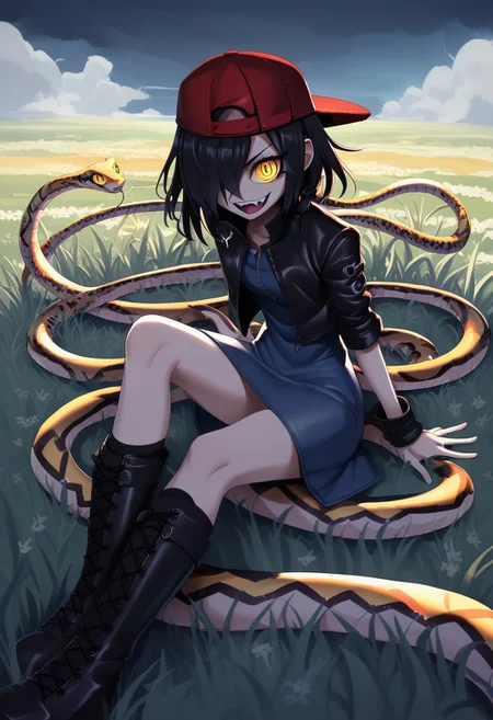 score_9, score_8_up, score_7_up, score_6_up, austr, anime, (D-ART, D-ART Style, 18dart3, 18dart2, 18DART1, !!, ??, Nayuta, 1girl, ringed eyes, black hair, yellow eyes, single braid, medium hair, hair over one eye, backwards hat, leather jacket, denim dress, pair of socks, boots, evil laugh, rainbow, snake, grass, clear sky), vibrant colors, cel shading