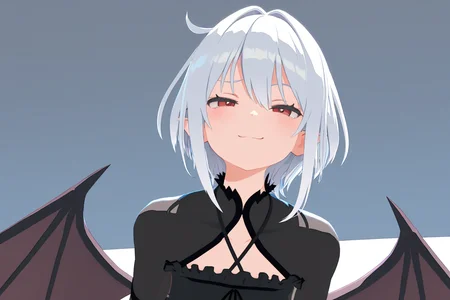 masterpiece, extremely detailed, high resolution, high-definition, 8k, 3d, red eyes, white hair, smug, smile, black dress, bat wings, <lora:3dvector-artstyle-000030:0.6>