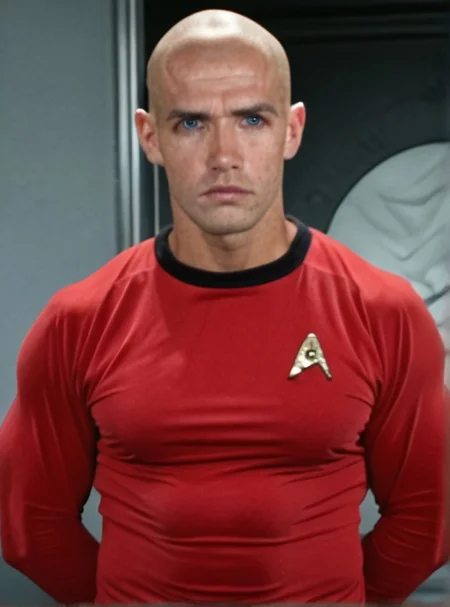 1boy, 20 year old male, Handsome, masculine, blonde, star trek, red shirt, muscle, tall, tight shirt, wide pectorals, big shoulders, wide shoulders, muscular neck, German, bald,
stunf, star trek uniform,
