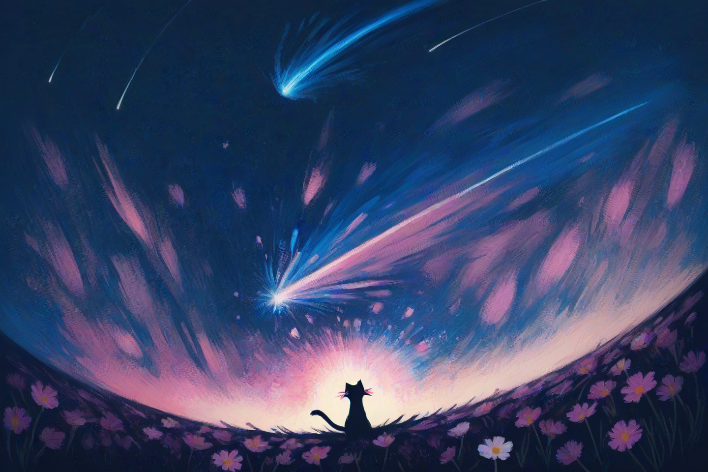 (cat:1.5) spitting rainbows, shooting star, cosmos, creation, cthulu,
painterly, intimate lighting, subdued palette, fractal, abstract,
masterpiece