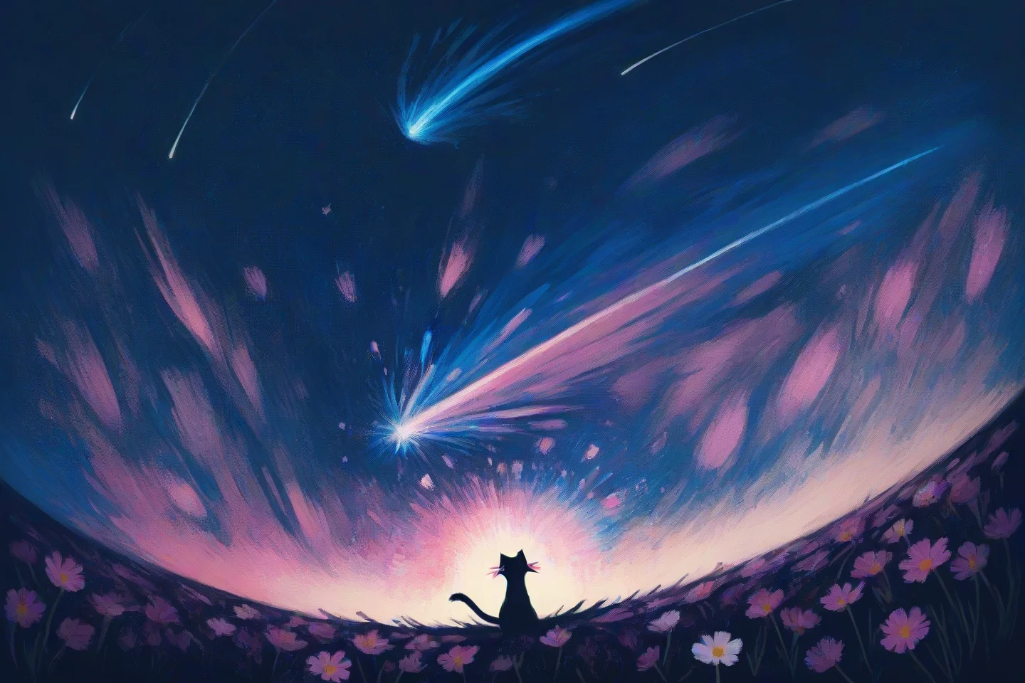 (cat:1.5) spitting rainbows, shooting star, cosmos, creation, cthulu,
painterly, intimate lighting, subdued palette, fractal, abstract,
masterpiece