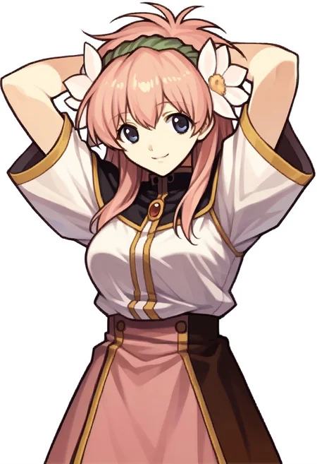score_9, score_8_up, score_7_up, source_anime BREAK 1girl, solo, <lora:zs_FEEchoesPortraitsXL:1> echoesportraits, cowboy shot, solo, white background,  milfeullesakuraba, 1girl, solo, hair flower, smile, hairband, skirt, large breasts, smile, arms up