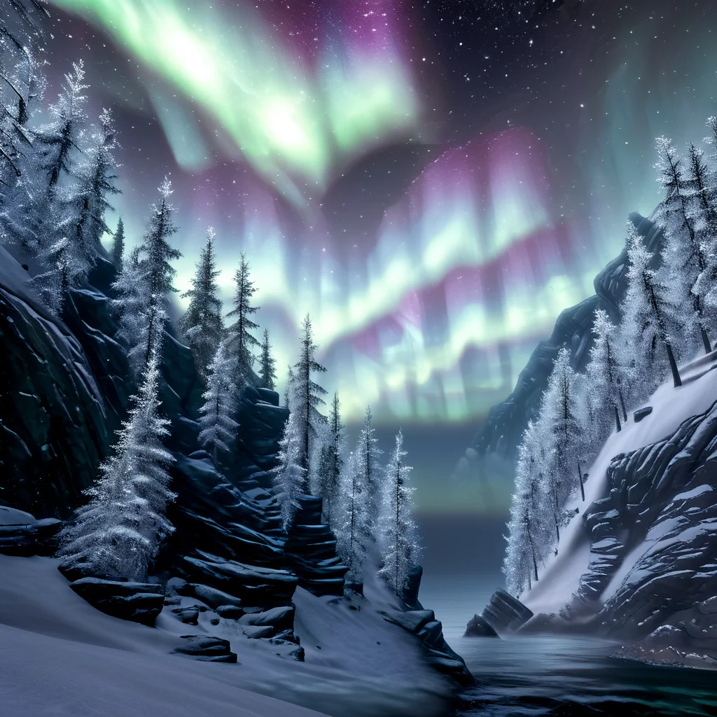 Masterpiece,absurd resolution,8k,high resolution,
<lora:SkyrimLandscapes:1>,
skyrimlandscapes, scenery, sky, no humans, star (sky), night, starry sky, outdoors, tree, cloud, nature, night sky, forest, aurora, snow, rock