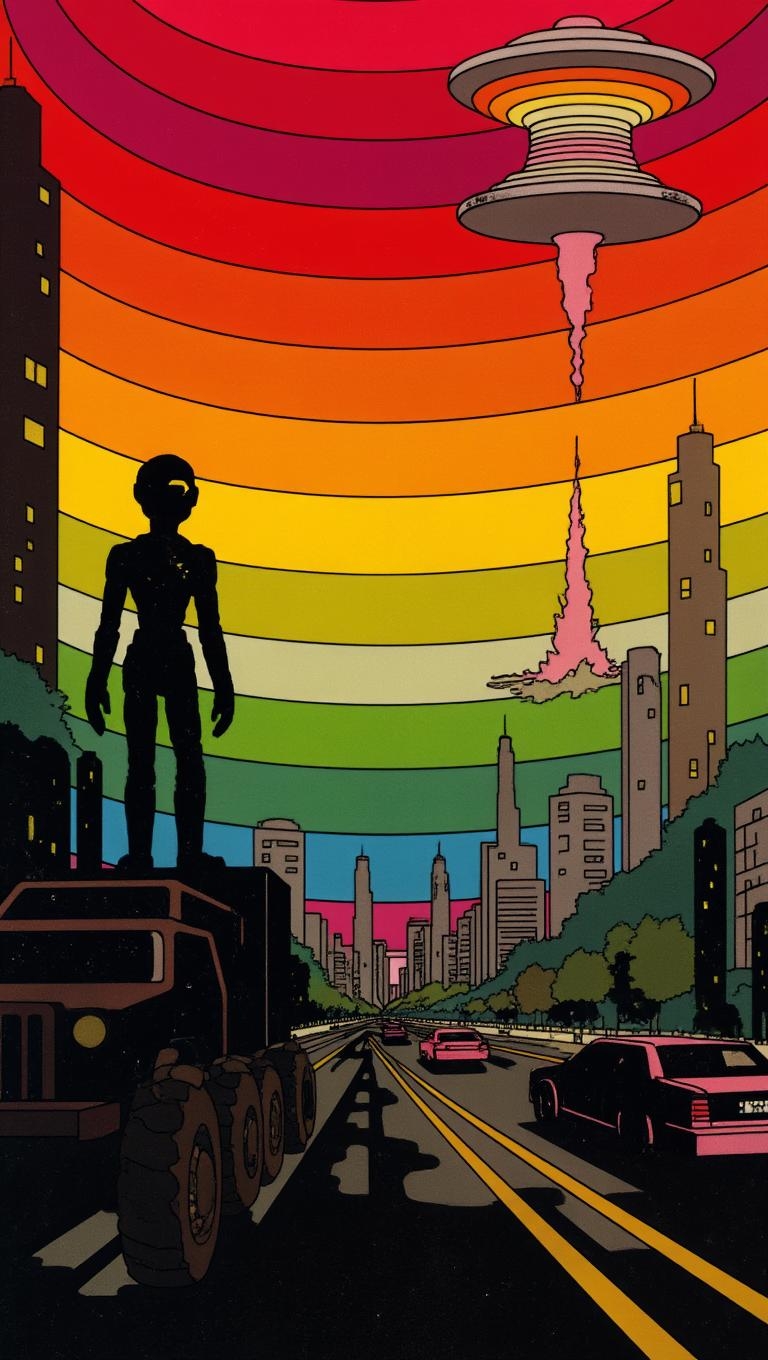 <lora:vintage-activision-flux1-dev-v1-000082.safetensors:1> a game cover of a rainbow-colored scene with shifting gradient dominates the scene. the overall effect is one of vibrant, unsettling energy.
In a futuristic dystopia, a towering humanoid robot stands watch over a cityscape dominated by a mysterious, hovering structure that seems to pulse with an ominous energy. The scene is bathed in dark, metallic hues and saturated gradients of red and orange, creating a sense of foreboding tension. A sprawling metropolis looms behind the robot, replete with towering structures and abandoned vehicles, heightening the atmosphere of unease and chaos.