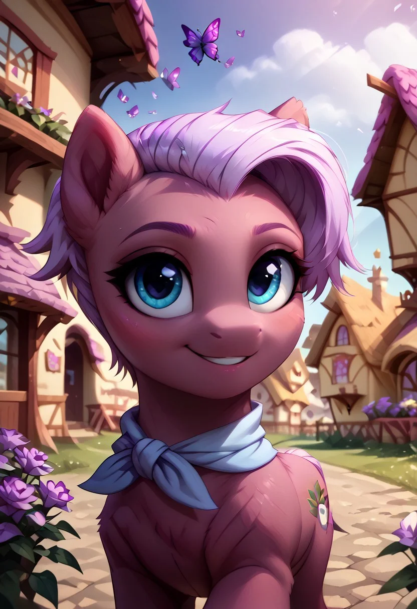 masterpiece, score_9, score_8_up, score_7_up, score_6_up, (best quality:1.1), ultra-detailed, high resolution, (SOLO), (1GIRL), (FEARL PONY), ((JASMINE LEAF)), ((detailed pink short hair)), (highly detailed pony face), (beautiful detailed blue eyes), (shy smile), (detailed purple fur:1.6), ((highly detailed ponyville background:1.5)), (purple flowers everywhere:1.5), (purple butterflies:1.5), (looking at viewer), (cute, adorable), (walking on a stone path), high quality, sharp, the quality of ai art is frightening, highly detailed, Highly Visible, sharp focus, high detail, detailed background,