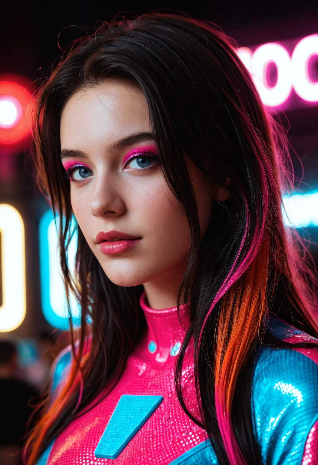 CyberRealisticPony_POSV1, perfect face, ((solo, solo focus, neon rim lighting, neon back lights)), neon lighting, neon bodysuit, long hair, detailed blue eyes, looking at viewer, neon eyeshadow, multi-coloured hair, specular highlights, neon theme, neon futurism, dynamic angle, dynamic pose, very aesthetic