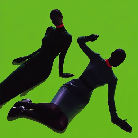 (aaAR7fl), masterpiece, highres, best quality, aesthetic, intriguing details, minimalism, fashion campaign, elegant, 3girls, standing, black gloves, faceless, colourful skin, lying on beck, green see trough dress, choker,  colourful shadow, from above, jewelry, 2 other people standing at back in silhouette out of focus, ,black shoes, cloche hat, green background,simple background, stretching legs, black pantyhose, black footwear,