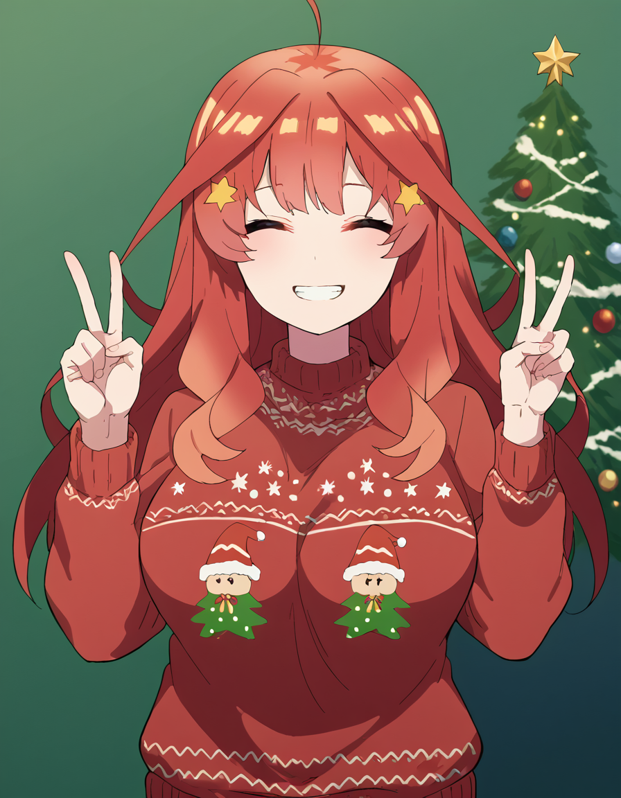 score_9, score_8_up, score_7_up, source_anime, <lora:itsuki-nakano-s2-ponyxl-lora-nochekaiser:1>, itsuki nakano, bangs, long hair, ahoge, red hair, star (symbol), hair ornament, star hair ornament, large breasts, <lora:christmas-sweater-ponyxl-lora-nochekaiser:1>, christmas sweater, christmas, ugly sweater, print sweater, red sweater, christmas tree, christmas ornaments, sweater, multicolored sweater, , v, smile, hands up, teeth, closed eyes, cowboy shot,