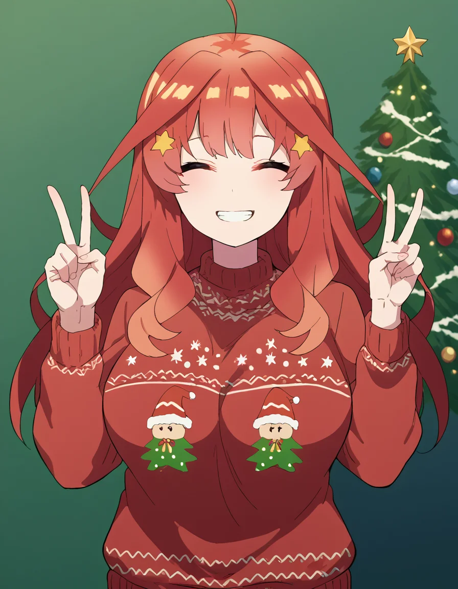 score_9, score_8_up, score_7_up, source_anime, <lora:itsuki-nakano-s2-ponyxl-lora-nochekaiser:1>, itsuki nakano, bangs, long hair, ahoge, red hair, star (symbol), hair ornament, star hair ornament, large breasts, <lora:christmas-sweater-ponyxl-lora-nochekaiser:1>, christmas sweater, christmas, ugly sweater, print sweater, red sweater, christmas tree, christmas ornaments, sweater, multicolored sweater, , v, smile, hands up, teeth, closed eyes, cowboy shot,