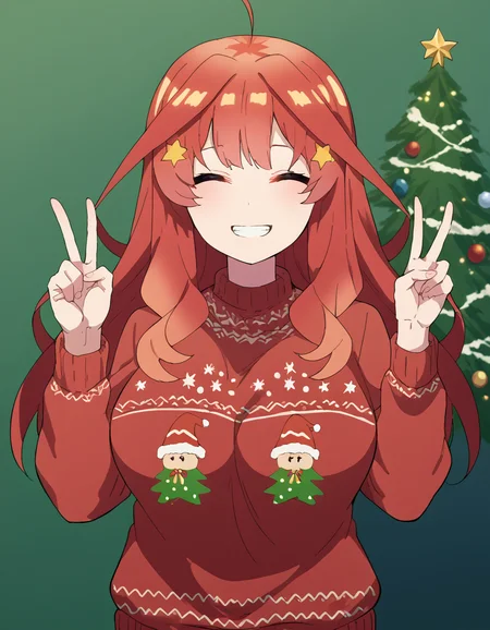 score_9, score_8_up, score_7_up, source_anime, <lora:itsuki-nakano-s2-ponyxl-lora-nochekaiser:1>, itsuki nakano, bangs, long hair, ahoge, red hair, star (symbol), hair ornament, star hair ornament, large breasts, <lora:christmas-sweater-ponyxl-lora-nochekaiser:1>, christmas sweater, christmas, ugly sweater, print sweater, red sweater, christmas tree, christmas ornaments, sweater, multicolored sweater, , v, smile, hands up, teeth, closed eyes, cowboy shot,