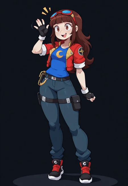 aijalon, masterpiece, best quality, newest, absurdres, highres, luna-utopus, long hair, brown hair, brown eyes, blunt bangs, fingerless gloves, red jacket, eyewear on head, black gloves, open jacket, cropped jacket, goggles on head, blue shirt, crescent on shirt, short sleeves, standing, smiling, waving hello, happy, full body, solo, alone, blank background, empty background, no background
