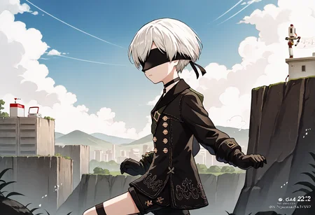 score_9, score_7_up, source_anime, uncensored, head tilt, panorama, spiral background, flustered, music video, Heart-shaped box, cliff
<lora:NierAutomata_9S_v1.0:1> 9S, 9s (nier:automata), solo, gloves, shorts, black gloves, white hair, black blindfold, black choker, short hair, kneehighs, long sleeves, black jacket, double-breasted, jacket, buttons
<lora:girl run_pony_V1.0:0.6> running, from side