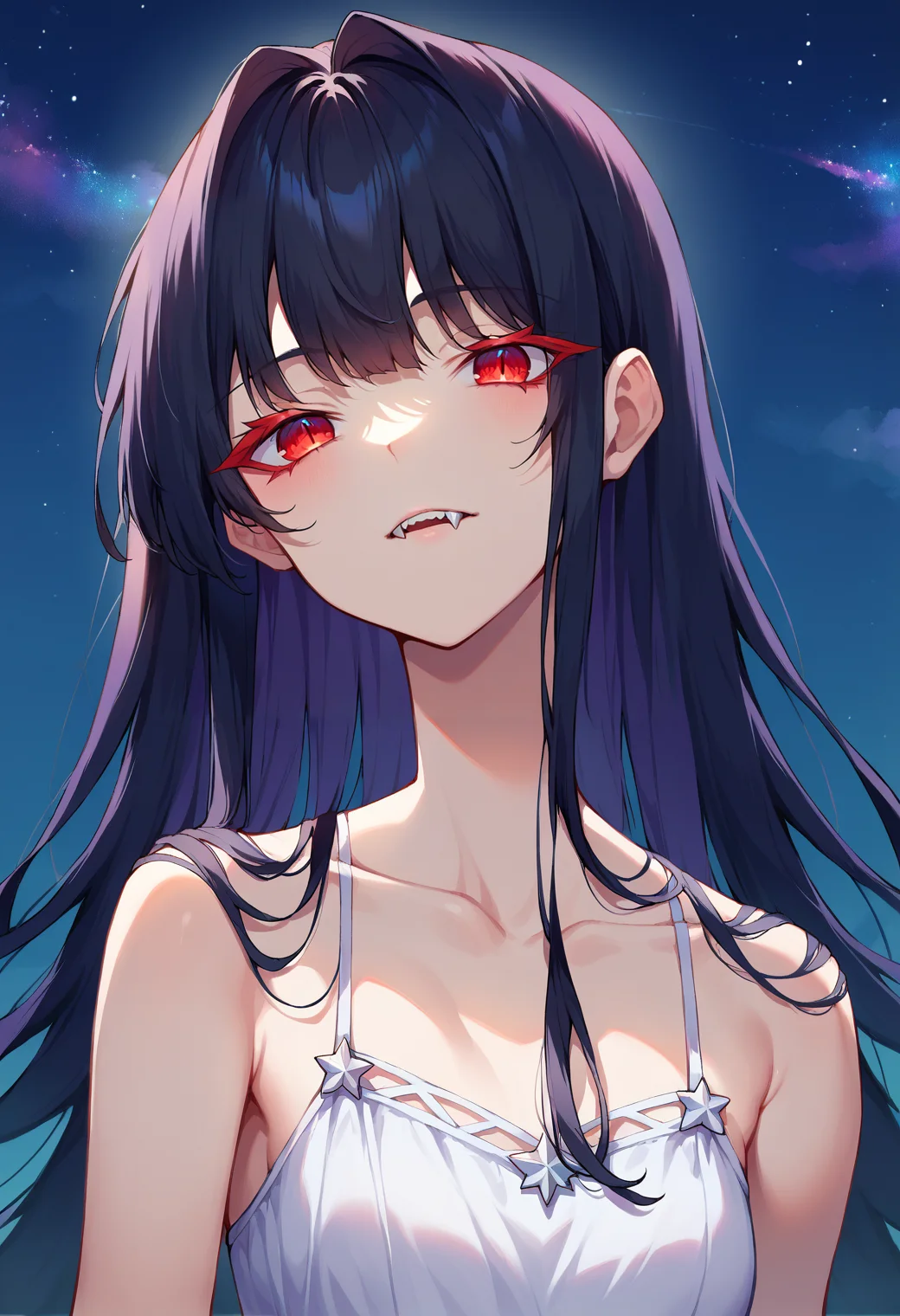 <lora:fangs_out_pony:1> score_9, score_8_up, score_7_up, score_6_up, score_5_up, score_4_up, source anime, fangs out, 1girl, solo, long hair, dress, white dress, black hair, collarbone, bare shoulders, bangs, looking at viewer, eyebrows visible through hair, bare arms,sleeveless, red eyes, colored eyelashes, from below, night sky, night, star \(sky\), close-up,