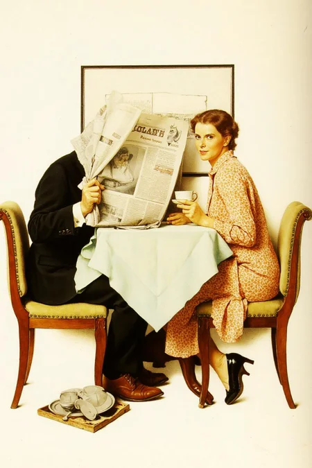 normanrockwell1 painting.
A man and a woman are seated at a small dining table . The man, dressed in a dark suit and white shirt, sits on the left holding an open newspaper, with his head partially obscured by it. His legs are crossed, and he is wearing brown shoes.
On the right sits a woman holding a coffee cup. She is turning her head looking
at the viwer.
<lora:normanrockwell1_cap_d6a3e12:1.0><lora:841442689808426333:0>