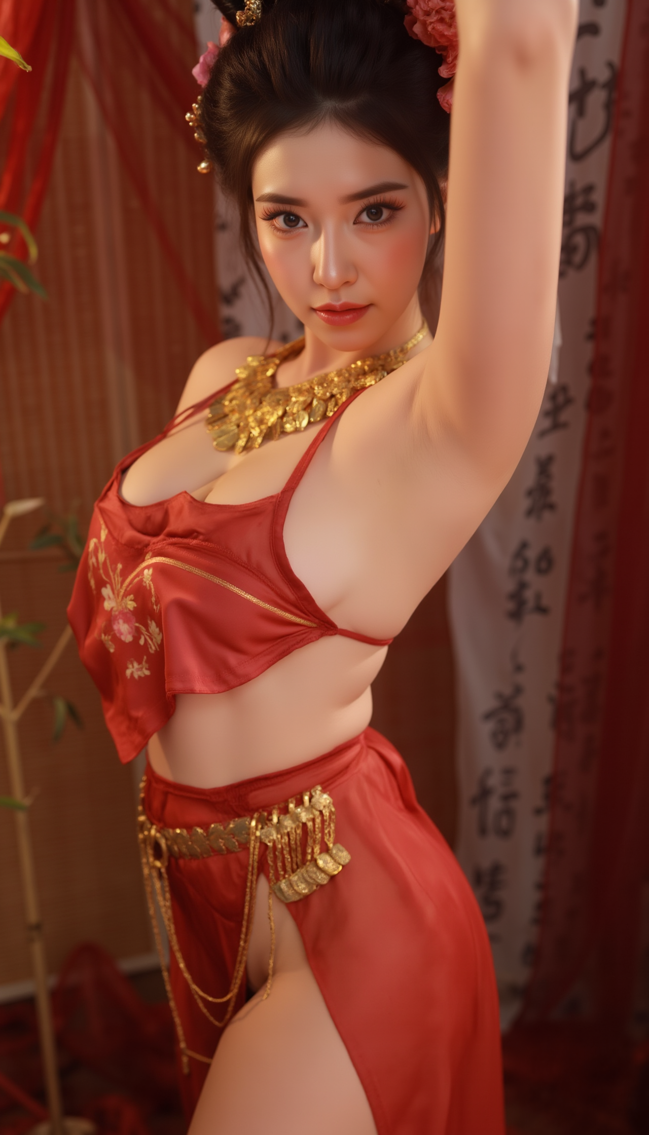 A professional, high-resolution image of a young woman is posed standing in a natural S-curve in the body silhouette. This classic posing technique creates visual interest and a sense of elegance.

She is wearing a red SGWN82Clothing. Her makeup is dramatic, with dark eyeliner and bold, glossy pink lips. 

The lighting features a high-contrast, monochromatic white color scheme that creates a moody, intimate atmosphere. 

The photography technique uses what appears to be soft lighting to create a glamorous effect, with careful attention to highlighting contours while maintaining the dominant light brown color scheme throughout the frame.

The overall aesthetic combines elements of fashion photography, traditional Asian visual motifs, and contemporary boudoir styling. The dramatic light brown lighting creates a cohesive visual theme that ties all elements of the composition together.

The white light emit on her to show her feature.