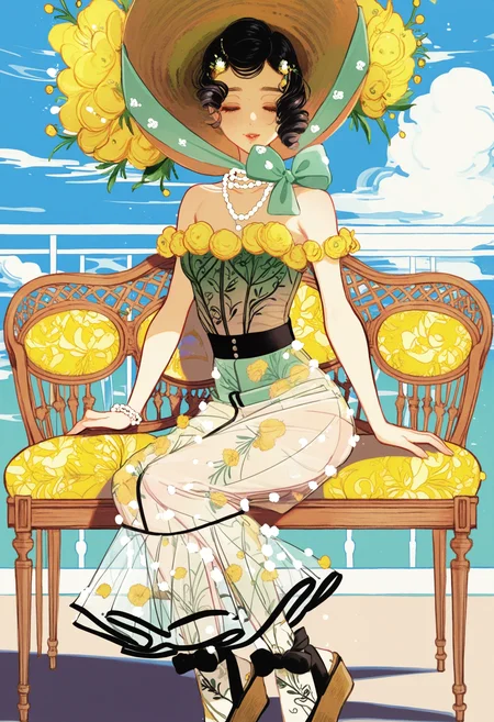 1girl, flower, solo, see-through skirt, hat, yellow flower, sitting, see-through, closed eyes, black hair, hair ornament, see-through dress, skirt, cloud, floral print, curly hair, jewelry, sky, sun hat, necklace, sandals, drill hair, pearl necklace, strapless, ribbon, hat flower, short hair, long skirt, bench, smile, shadow, blue sky,parted lips, bare shoulders, straw hat, pearl \(gemstone\), yellow rose, day, bow, dress, BREAK,highres,absurdres,masterpiece,newest,best quality,Visual impact,very awa,very aesthetic,amazing quality