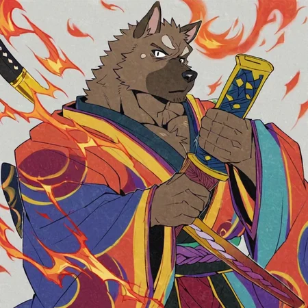 score_9, score_8_up, score_7_up, mononoke, domestic dog, canine, canid, canis, 1boy, furry male, furry, male focus, solo, japanese clothes, weapon, animal ears, sword, kimono, haori, looking at viewer, fire, holding sword, dog ears, muscular, hakama, brown fur, muscular male, katana, japanese armor, snout, bara