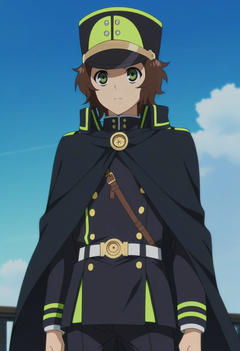 masterpiece, best quality, anime screencap, official style, anime coloring, cowboy shot, 1boy, solo, male focus, <lora:yoichi_saotome_ilxl:0.98>, yoichi_saotome, brown hair, green eyes, short hair, military uniform, military hat, black cape, black shirt, black pants, day