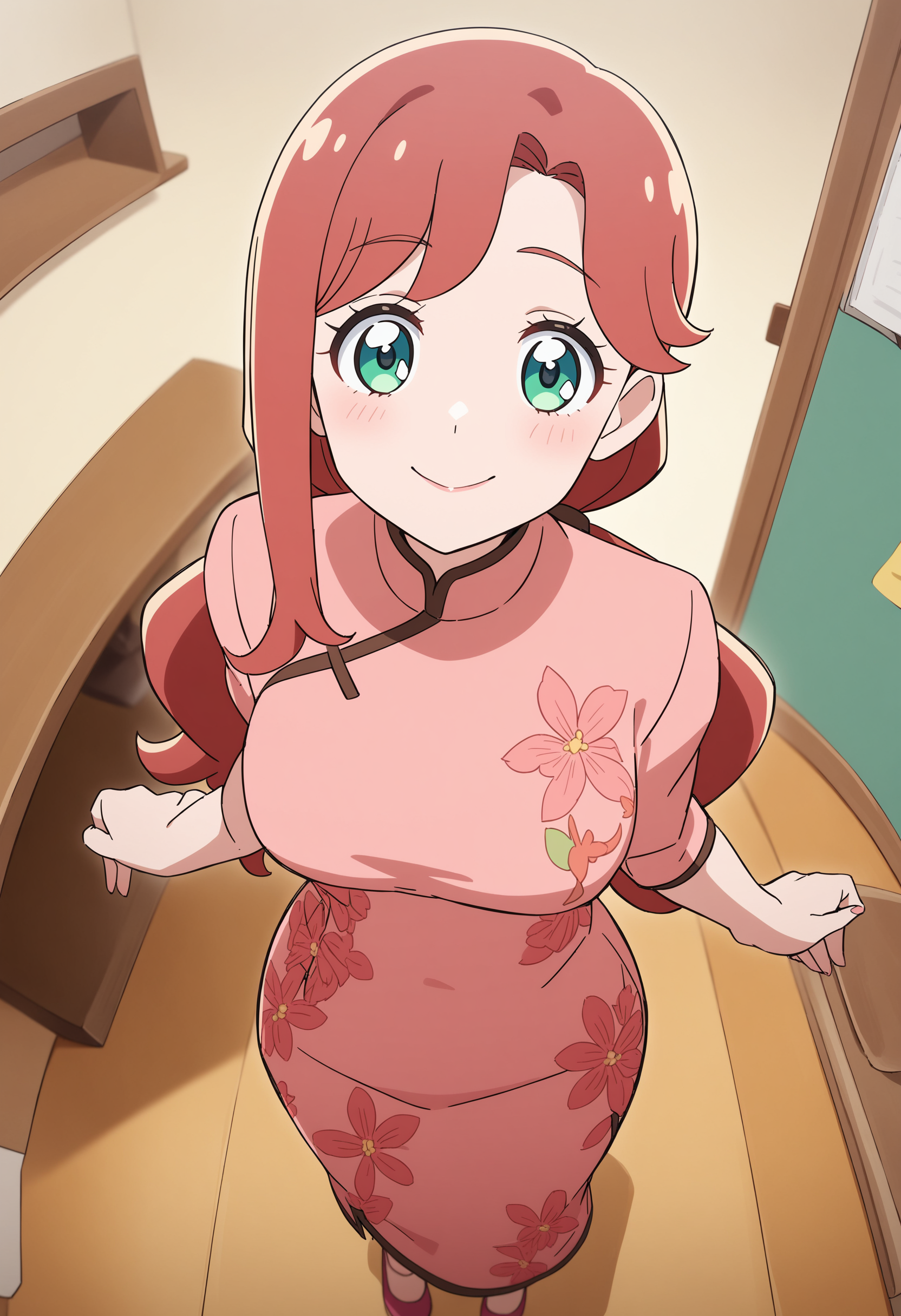 1girl, inukai youko, wonderful precure!, long hair, red hair, green eyes, makeup, <lora:youko_XL_v1:0.5>
from above, fisheye lens, looking up, happy, faculty room, closed mouth, china cheongsam,twin drills hair,,
masterpiece,best quality, very aesthetic, absurdres