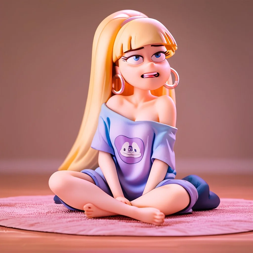 score_9, score_8_up, score_7_up, score_6_up, score_5_up, relatedguy, 1girls, Pacifica, blond hair, sitting on the floor, loose top, exposed shoulder, hoop earrings, solo