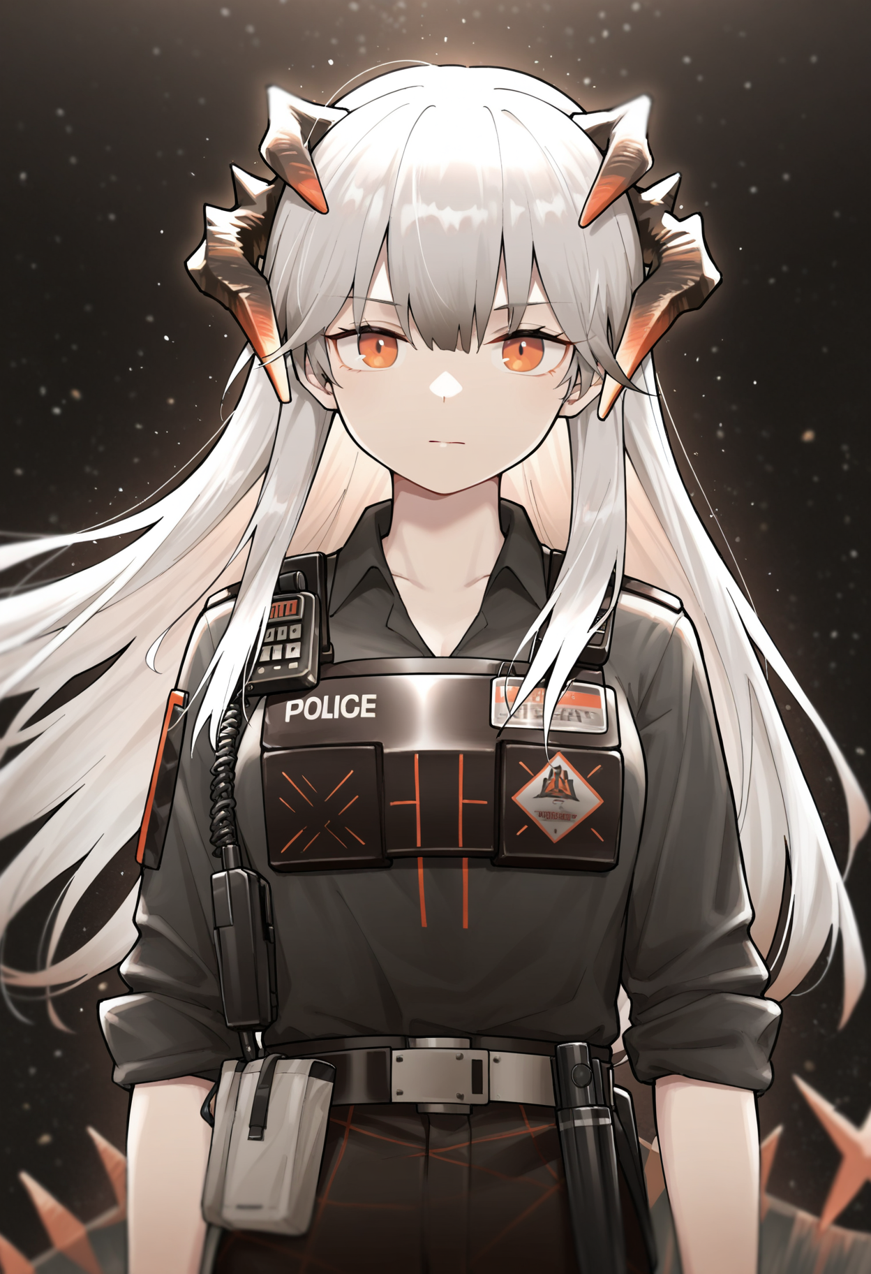 masterpiece,best quality,amazing quality,
1girl, official alternate costume, long hair, solo, horns, saria (arknights), upper body, walkie-talkie, looking at viewer, dragon horns, shirt, black shirt, black background, red eyes, closed mouth, bangs, police, grey hair, white hair, sleeves rolled up, police uniform, floating hair, orange eyes, light particles, collared shirt, backlighting, uniform,
 <lora:Healthyman_epoch_10:1>