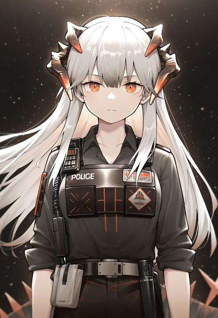 masterpiece,best quality,amazing quality,
1girl, official alternate costume, long hair, solo, horns, saria (arknights), upper body, walkie-talkie, looking at viewer, dragon horns, shirt, black shirt, black background, red eyes, closed mouth, bangs, police, grey hair, white hair, sleeves rolled up, police uniform, floating hair, orange eyes, light particles, collared shirt, backlighting, uniform,
<lora:Healthyman_epoch_10:1>