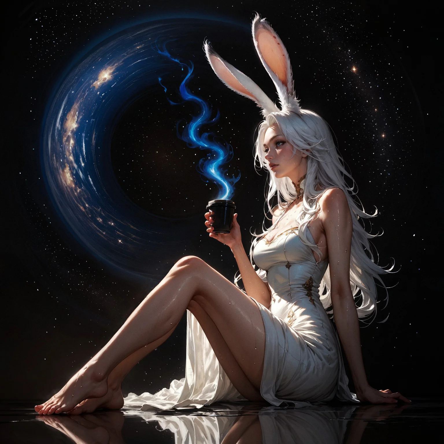 score_9, score_8_up, score_7_up, score_6_up, score_5_up, score_4_up, rating_questionable, 20yo girl, 1girl, viera, solo, tall, white dress, red trim, a woman with white hair, Brom, beautifully backlit, fantasy art, dark skin, long hair, rabbit ears, white hair, space traveler, galactic, otherworldly, ethereal, atmospheric, galaxy, sweat, full body, romantic, sitting, drinking coffee, feet, toes, side view, view from below, head turned away