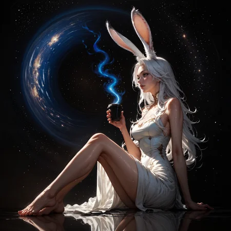 score_9, score_8_up, score_7_up, score_6_up, score_5_up, score_4_up, rating_questionable, 20yo girl, 1girl, viera, solo, tall, white dress, red trim, a woman with white hair, Brom, beautifully backlit, fantasy art, dark skin, long hair, rabbit ears, white hair, space traveler, galactic, otherworldly, ethereal, atmospheric, galaxy, sweat, full body, romantic, sitting, drinking coffee, feet, toes, side view, view from below, head turned away