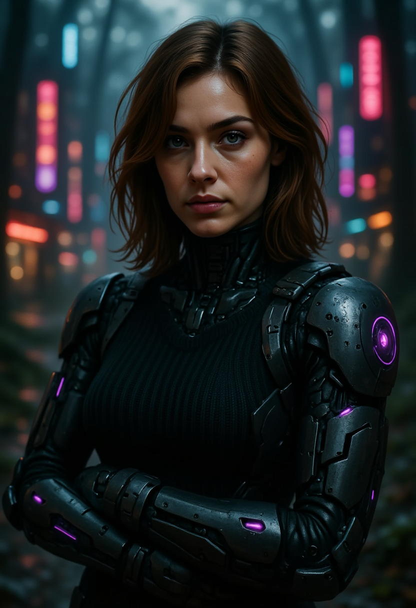 , t3chn0, woman with brown hair in a top bun, she is wearing a black sweater, cybernetic arms with purple glowing LED accents, in a cyberpunk city in the forest