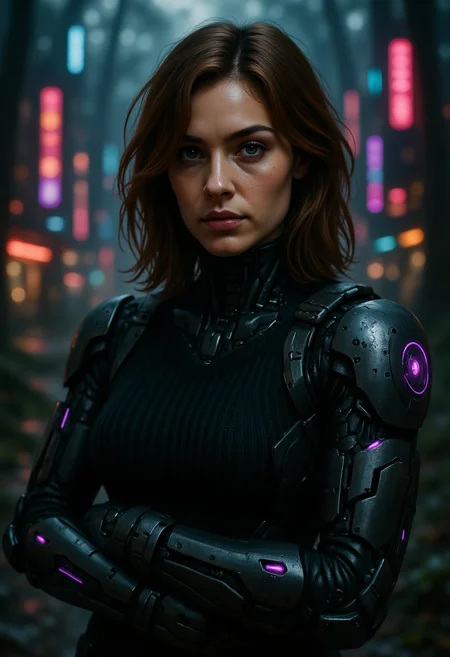 , t3chn0, woman with brown hair in a top bun, she is wearing a black sweater, cybernetic arms with purple glowing LED accents, in a cyberpunk city in the forest