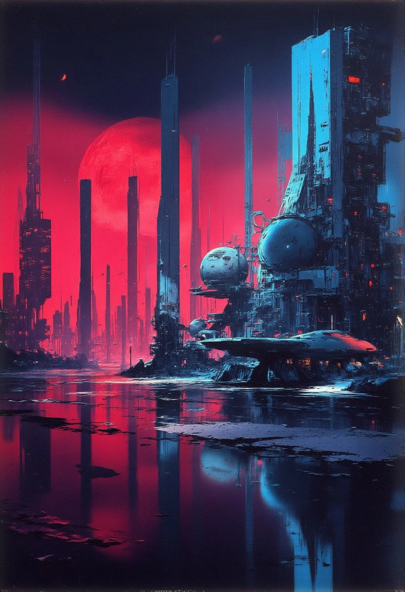 abstract oil painting, gradient vibrant neon colour, rough, textural, broad brush strokes, a sleek stealth fighter spaceship flying over a futuristic sci-fi city with tall towers skyscrapers, and domes, perfectly reflected in a tranquil, still lake, at night, surreal colours, detailed night sky with stars and nebulas, mythp0rt