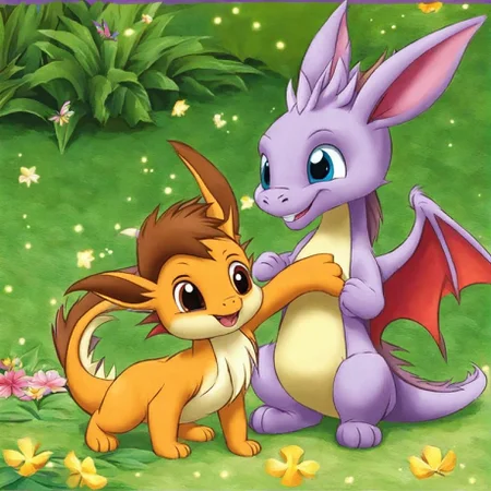 A cute dragon playing with Eevee DreamDisPix style <lora:SDXL-DreamDisPix-Lora-r32:0.8>