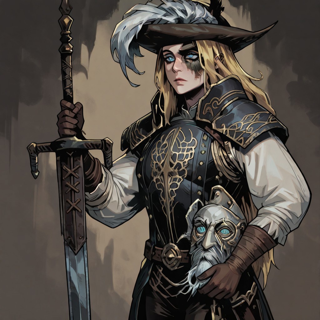 masterpiece, best quality, newest, absurdres, highres, TTCSV1.0,
1girl, DS2Luc-V1.1, blonde, armor, hat, tricorne, brown gloves, long sleeves, hat feather, blue eyes, long hair, DS2Luc-V1.1-hollowing, scar, holding, holding weapon, sword, holding sword,