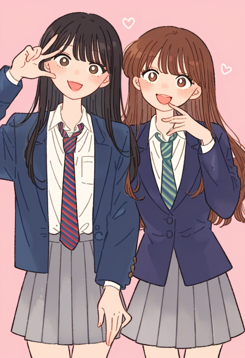 score_9, score_8_up, score_7_up, score_6_up, source_anime, <lora:rikuwo_v0.3-pony:1>
long hair, looking at viewer, blush, smile, open mouth, bangs, multiple girls, skirt, simple background, brown hair, shirt, black hair, long sleeves, 2girls, brown eyes, closed mouth, school uniform, standing, jacket, white shirt, heart, cowboy shot, pleated skirt, necktie, striped, collared shirt, hand up, pink background, blazer, blue jacket, red necktie, bright pupils, grey skirt, white pupils, striped necktie, diagonal-striped necktie