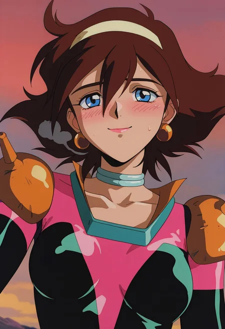 1girl,blue_eyes,brown_hair,choker,earrings,hairband,multicolored_bodysuit,Collarless,looking at viewer, (detailed facembarrassed,smile,in heat,breathing,blush),(upper body),sky,outdoor,BREAK score_9, score_8_up, score_7_up, source_anime,masterpiece, best quality,1990s_\(style\),retro_artstyle,official art,perfect_anatomy,