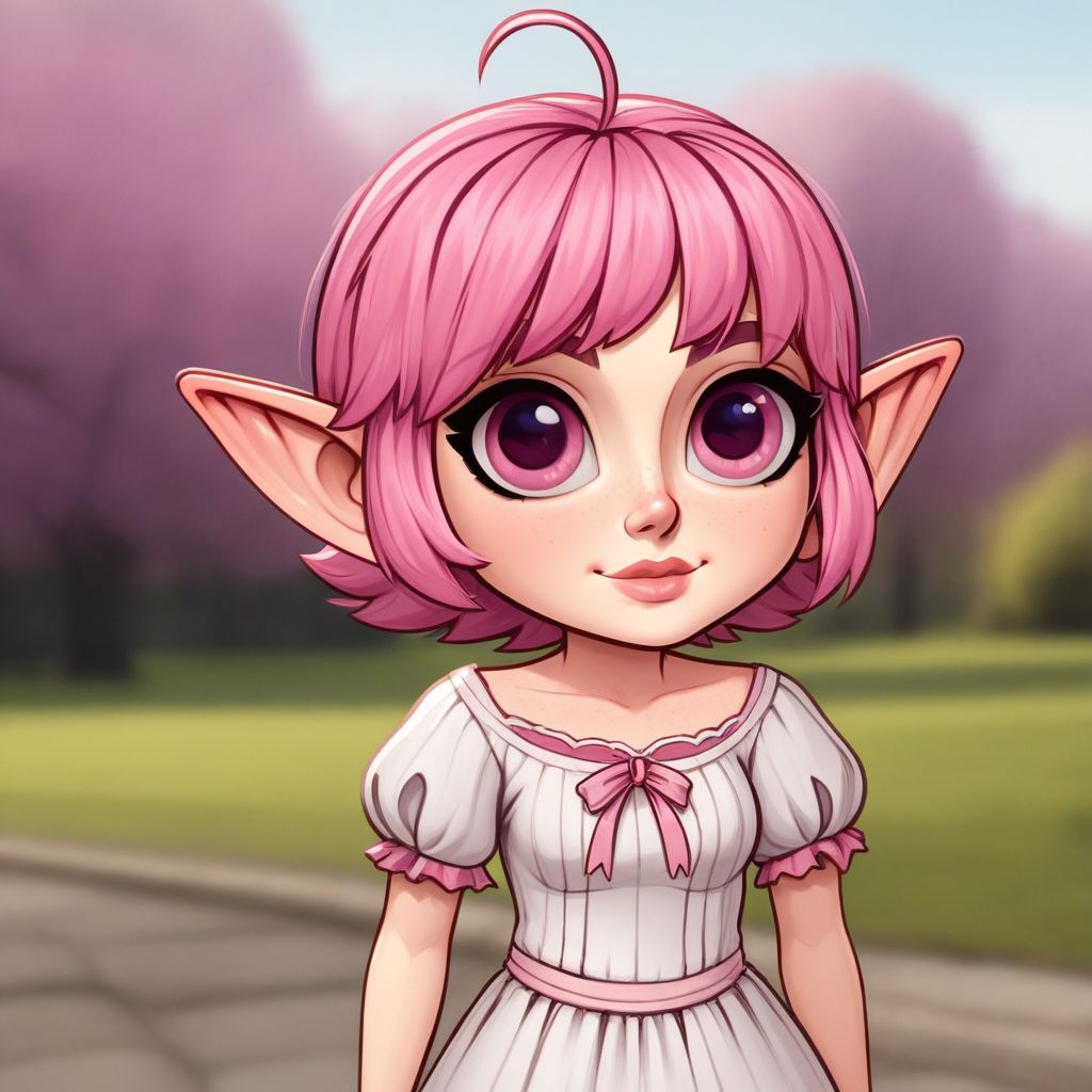 portrait,
Gnome, short stature, big round ears, 
1 girl, pink hair, pink eyes, Cute dress, 
fantasy background, blurred background