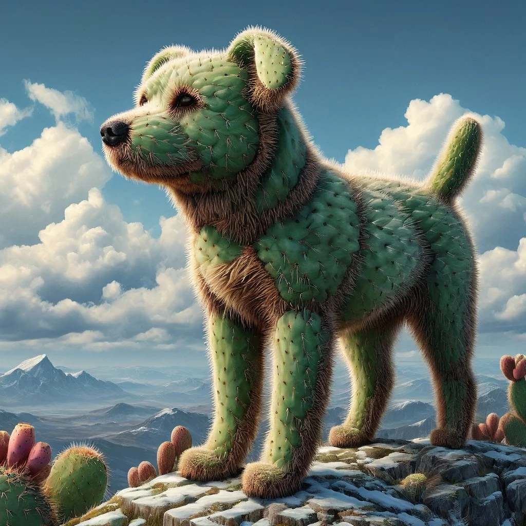 Prickly Pear Style, Dog, artic landscape, blue clouds, detail