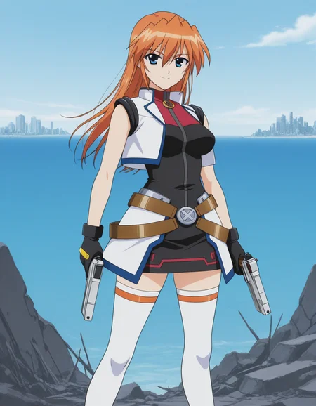 official style,Teana Lanster, orange hair,long hair,,blue eyes,gloves, magical girl,handgun,belt,((portrait)),(hand on own hipstanding:1.42),abandoned city,ruins city,sky,day,(ocean:1.22),(anime screencap), 2d cel anime,anime cap,anime,anime style,anime cel,cell shaded,soft brightness,perfect face,perfect nose, perfect hair, perfect eyes,perfect female body,perfect skin,a face of perfect proportion,perfect lighting,perfect anatomy,perfect proportion,perfect hands,perfect legs,perfect fingers,masterpiece,hair between eyes,medium breasts,perky breasts,best quality,very aesthetic,absurdres,16k,intricate detail,amazing quality,(bold:3.12),thick outline,black outline,harsh lines,soft lines,deluster,boldline,curvy,(anime coloring:1.2), smile,,slim,looking at viewer,super fine illustration,detailed linework,vibrant colors,kawaii,flat color, <lora:Magical_Girl_Lyrical_NANOHATeana_Lansterillustriouséæ³å°å¥³ãªãªã«ã«ãªã®ã¯ãã£ã¢ãã©ã³ã¹ã¿ã¼illustrious:1:0.8>