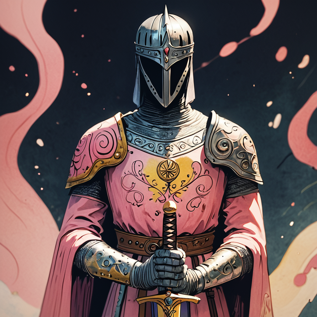 Score_9, score_8_up, score_7_up, score_6_up, BREAK  <lora:Pastel_ReveriePony:1> ArsMJStyle, Pastel Reverie, The image shows a painting of a man in a pink dress holding a sword with a mask covering his face., weapon, sword, armor, solo, holding, holding weapon, 1boy, holding sword, helmet, male focus