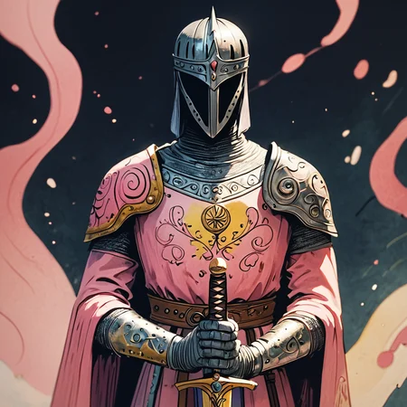 Score_9, score_8_up, score_7_up, score_6_up, BREAK <lora:Pastel_ReveriePony:1> ArsMJStyle, Pastel Reverie, The image shows a painting of a man in a pink dress holding a sword with a mask covering his face., weapon, sword, armor, solo, holding, holding weapon, 1boy, holding sword, helmet, male focus