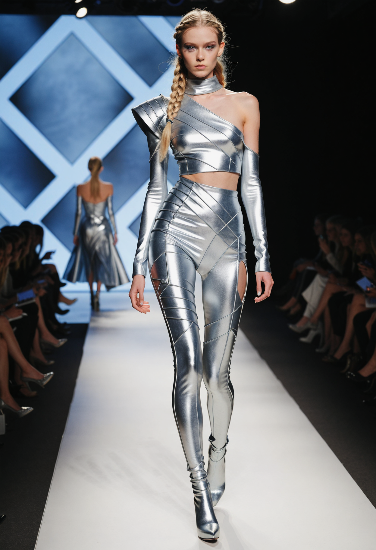 This is a photograph of a model strutting down a runway during a fashion show. The model is wearing an avant-garde, metallic silver ensemble that features a high-necked, long-sleeved bodice with exaggerated, angular shoulder pads. The bodice is fitted, leading into a voluminous skirt that flares out dramatically, creating a sense of movement and fluidity. The skirt is made up of layered, pleated fabric, giving it a textured, almost armor-like appearance. The model's legs are clad in matching metallic silver leggings that end in chunky, black platform shoes with straps, adding a striking contrast to the outfit.  The model’s face is painted with bold, geometric patterns in shades of blue and white, contributing to the overall futuristic aesthetic. Her long, braided hair is styled in intricate, thick braids that cascade over her shoulders. The runway background is a plain, neutral gray, ensuring all attention is focused on the model and her striking ensemble. The lighting is soft, highlighting the metallic sheen of the outfit and casting subtle shadows that accentuate the texture and depth of the fabric. The overall ambiance of the photograph is one of high fashion and modernity.    1girl, solo, long_hair, looking_at_viewer, blonde_hair, long_sleeves, dress, standing, full_body, braid, makeup, colored_skin, hands_on_own_hips, realistic, grey_dress